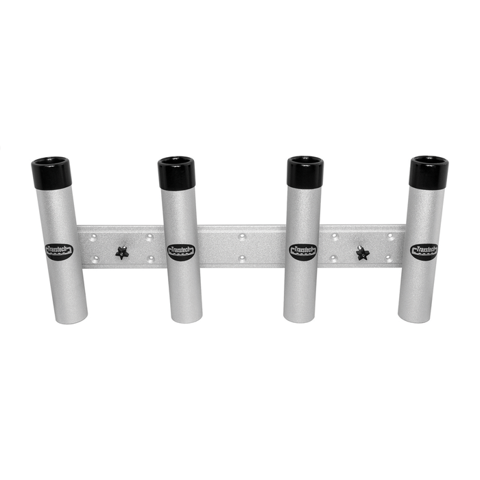 Traxstech Rod Holder (RSU-4) featuring four silver cylindrical tubes with black tops mounted on a horizontal metal base, designed for securely holding fishing rods in place.