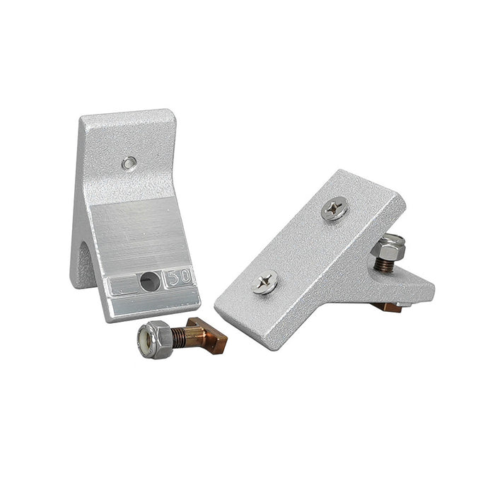 Two silver metal Traxstech T-Bolt Bracket - Various Degrees with screws and bolts, designed for secure mounting and adjustable angling in fishing rod setups.