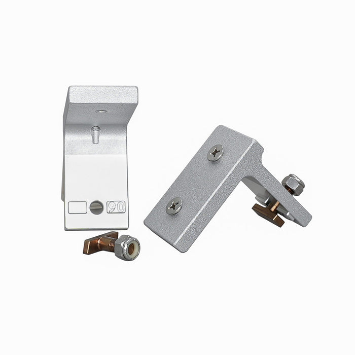 Two silver metal mounting brackets with screws and a small copper component displayed on a white background, representing the Traxstech T-Bolt Bracket - Various Degrees used in fishing tackle setups.