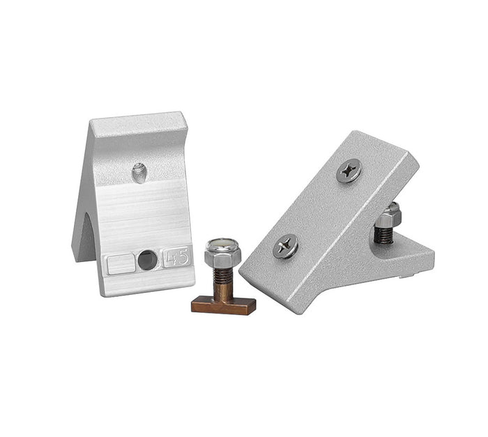Pair of silver metal brackets with screws and bolts, designed for adjustable angles, shown on a white background, Traxstech T-Bolt Bracket - Various Degrees.