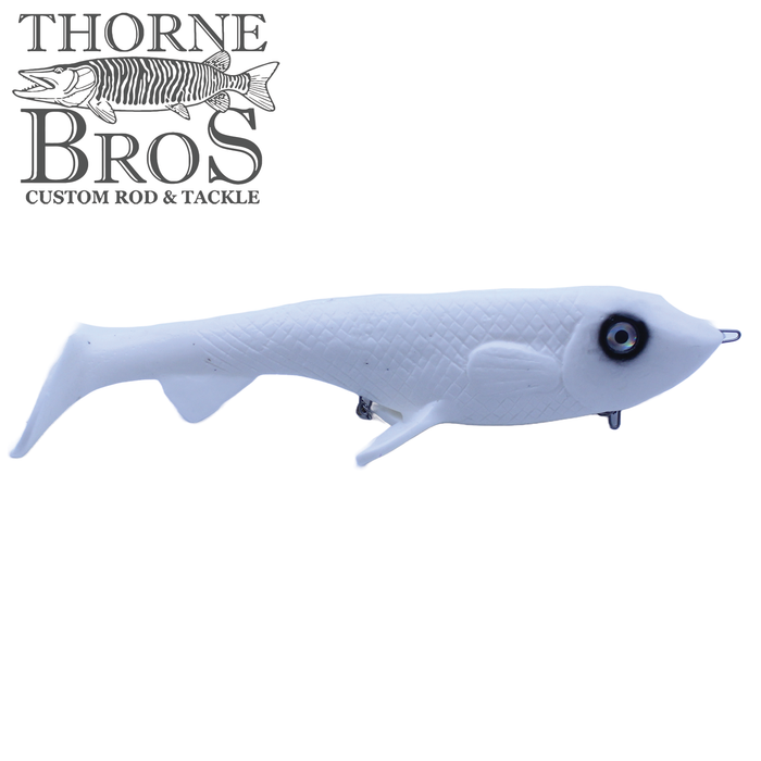 Trophy Systems Bait Co. 15" AC-130 fishing lure in solid white with detailed textured body and realistic black and white eye, designed for effective fishing tackle use.
