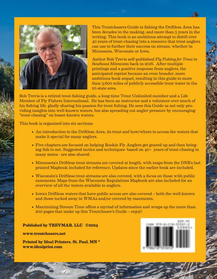 Back cover of "Trout Fishing The Driftless Area" book featuring an author photo, detailed text about trout fishing guide content, and information on trout streams in Minnesota, Wisconsin, and Iowa.