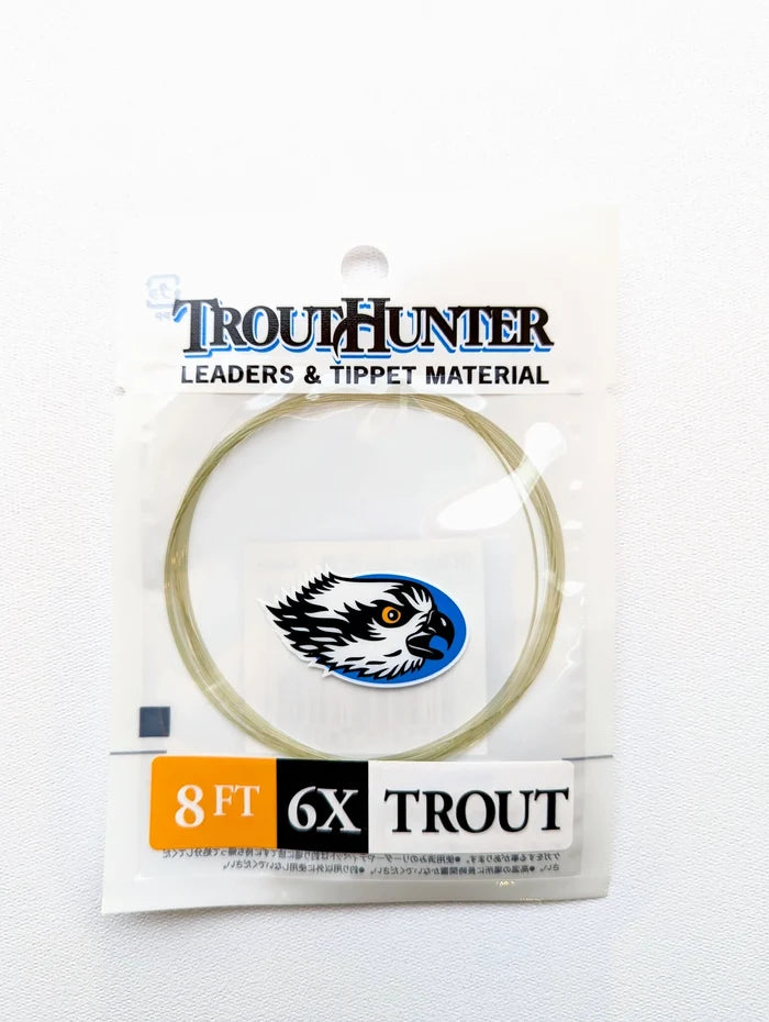 Clear plastic package containing an 8-foot loop of translucent nylon fishing leader labeled TroutHunter Tapered Nylon Leader with 6X strength for trout fishing, featuring a stylized fish head logo.