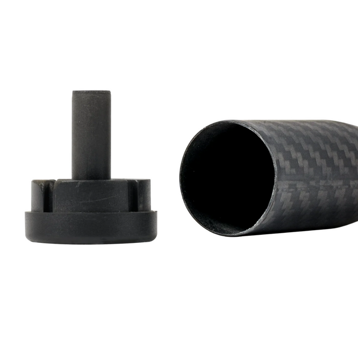 Tsuka 2 Carbon Handle for Casting Rods showing a close-up of the carbon fiber handle tube and black plastic end cap designed for fishing rods.