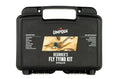 Umpqua Beginner's Fly Tying Kit in a black carrying case featuring 22 pieces including bobbin, pliers, scissors, hooks, and materials for fly fishing tackle and lure creation.