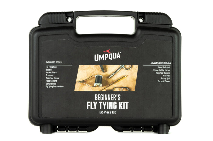 Umpqua Beginner's Fly Tying Kit in a black carrying case featuring 22 pieces including bobbin, pliers, scissors, hooks, and materials for fly fishing tackle and lure creation.