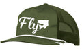 Olive green mesh trucker hat with white embroidered "Fly" text and a fish graphic, featuring a curved brim and adjustable back, Umpqua Hats style.