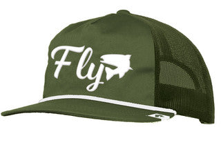 Olive green mesh trucker hat with white embroidered "Fly" text and a fish graphic, featuring a curved brim and adjustable back, Umpqua Hats style.
