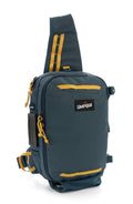 Umpqua Northfork Sling Pack in dark blue with yellow accents, featuring multiple zippered compartments and an adjustable padded shoulder strap for fishing tackle storage.
