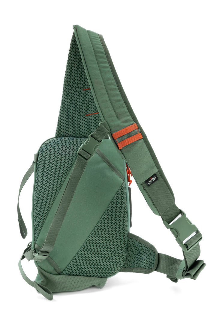 Umpqua Northfork Sling Pack in green with padded, breathable mesh back panel, adjustable straps, and secure buckles for comfortable fishing tackle storage and easy access.
