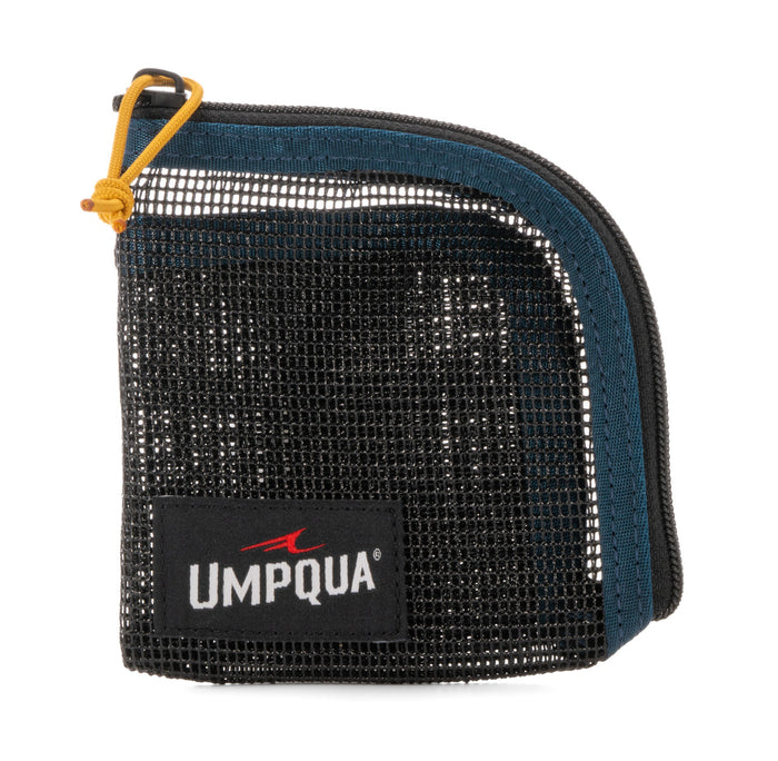 Umpqua Northfork Tippet/Head Pouch in black mesh with blue trim and zipper closure, designed for organizing fishing tackle and fly fishing materials.