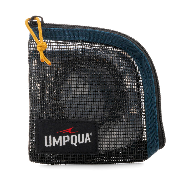 Umpqua Northfork Tippet/Head Pouch made from black mesh with a blue trim and yellow cord pull, designed for organizing fishing tackle and accessories.