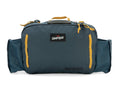 Umpqua Northfork Waist Pack in dark cobalt blue with yellow accents, featuring a central compartment, two mesh side pockets, and a top handle for fishing tackle organization.