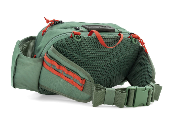 Umpqua Northfork Waist Pack in green with red accents, designed with multiple zippered compartments, mesh back panel, adjustable padded belt, and loops for organizing fishing tackle.