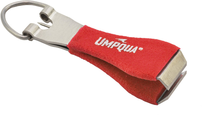 Red fabric and stainless steel fishing tool with a keyring attachment, designed for easy grip and precise cutting, branded with Umpqua Rivergrip Tools.