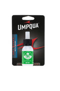 Umpqua Shimazaki Dry Shake With Brush in a small white bottle with black cap, displayed on black branded packaging with red and white text.