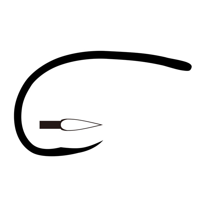 Black simplified illustration of a curved fishing hook with a sharp, pointed tip labeled as Umpqua Tiemco 2499SP-BL, used in fishing tackle and fly fishing gear.