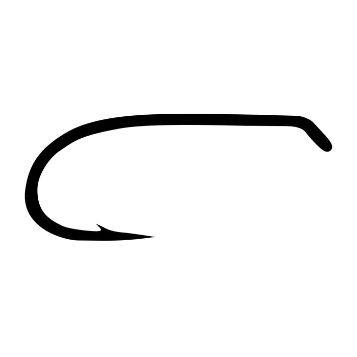 Silhouette of a curved fishing hook with a sharp angled point and a straight shank, representing the Umpqua Tiemco 3769 Nymph Hook used in fishing tackle.