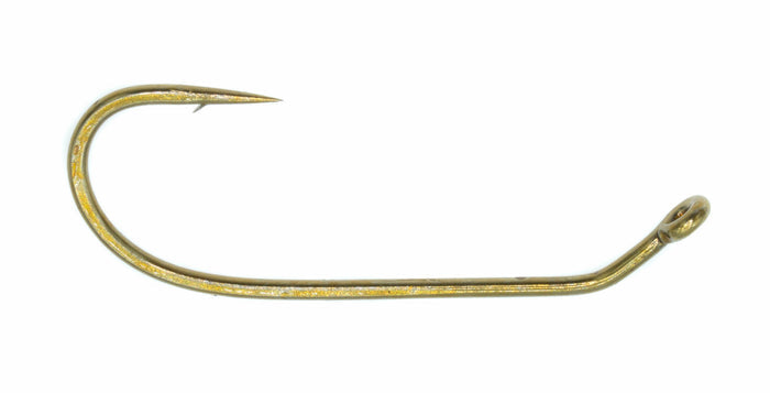 Single gold-colored fishing hook with a sharp point and an eyelet at the end, identified as Umpqua Tiemco 708, used in fishing tackle.