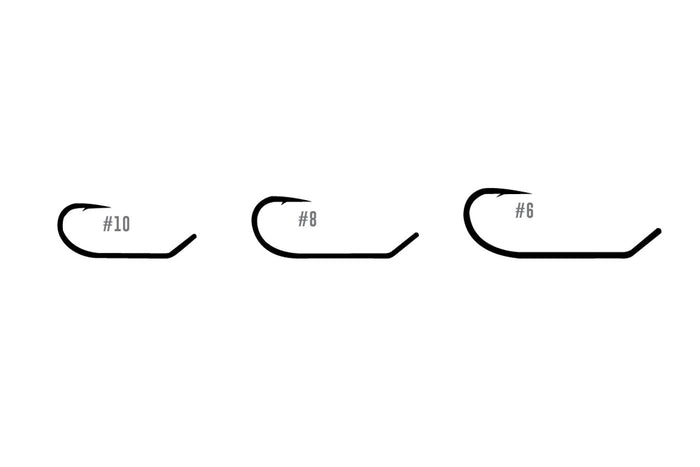 Three black fishing hooks in different sizes labeled #10, #8, and #6 displayed on a white background, related to Umpqua Tiemco 708 fishing tackle.