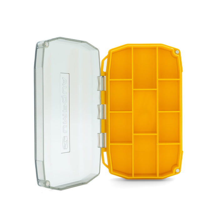Umpqua UPG Compartment Fly Box with clear hinged lid and bright yellow interior featuring multiple compartments for organized fishing lures and tackle storage.
