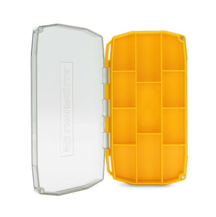 Umpqua UPG Compartment Fly Box with a clear hinged lid and bright yellow interior featuring multiple compartments for organizing fishing tackle and lures.