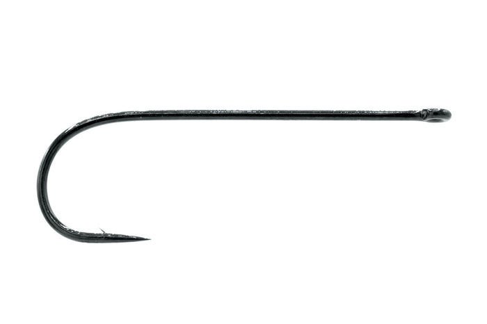 Close-up of a single black Umpqua X-Series XT350 fishing hook with a sharp point and curved design, used for fly fishing tackle.