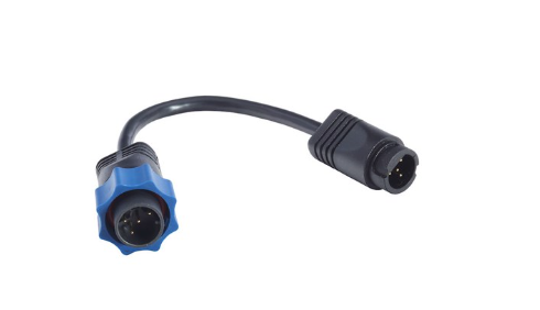 Uni-Plug to Blue Unit Adaptor Cable 000-10052-001 with black flexible cable and blue connector designed for seamless integration with marine electronics and fishing gear systems.
