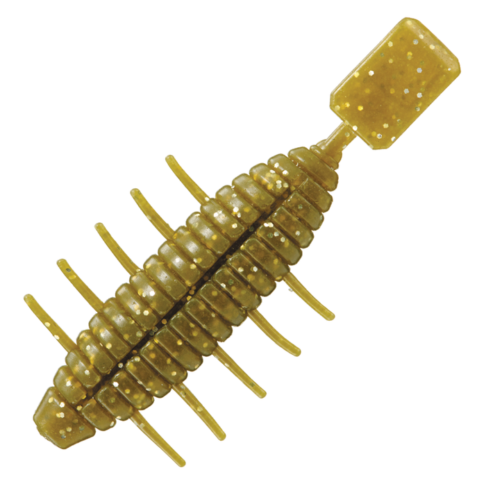 Soft plastic fishing lure in olive green with glitter, featuring segmented body and paddle tail, designed for effective movement, Valley Hill Ebi Tank.