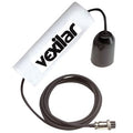 Vexilar 12 Degree Ice Transducer TB0080 with black sensor housing, connected to a coiled black cable and white protective float labeled Vexilar, designed for ice fishing marine electronics.