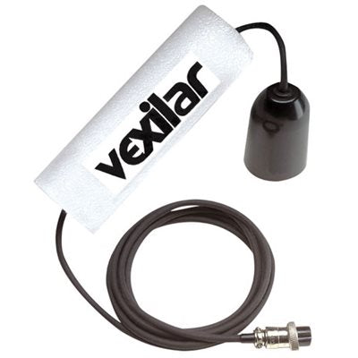 Vexilar 12 Degree Ice Transducer TB0080 with black sensor housing, connected to a coiled black cable and white protective float labeled Vexilar, designed for ice fishing marine electronics.
