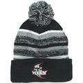 Vexilar Fleece-Lined Pom Beanie in black and gray stripes with a pom-pom on top, featuring a soft fleece lining and embroidered Vexilar logo on the cuff for warmth during outdoor fishing activities.