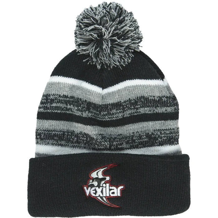 Vexilar Fleece-Lined Pom Beanie in black and gray stripes with a pom-pom on top, featuring a soft fleece lining and embroidered Vexilar logo on the cuff for warmth during outdoor fishing activities.