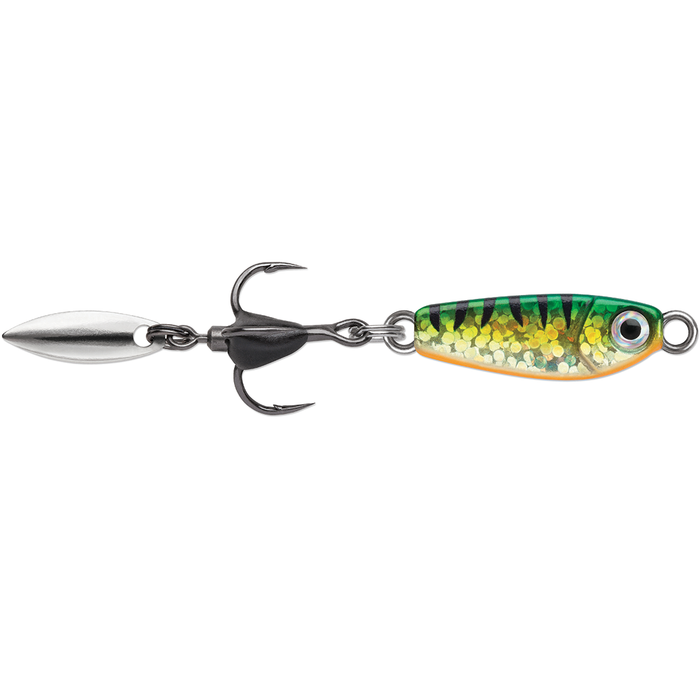 VMC Bladed Bull Spoon fishing lure featuring a green and gold patterned body with reflective scales, a sharp black treble hook, and a spinning silver blade for added attraction.