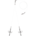 VMC Bladed Predator Rig - Fluorocarbon showing clear fluorocarbon leader lines with metal swivels, treble hooks, and small oval blades for fishing tackle targeting predatory fish.