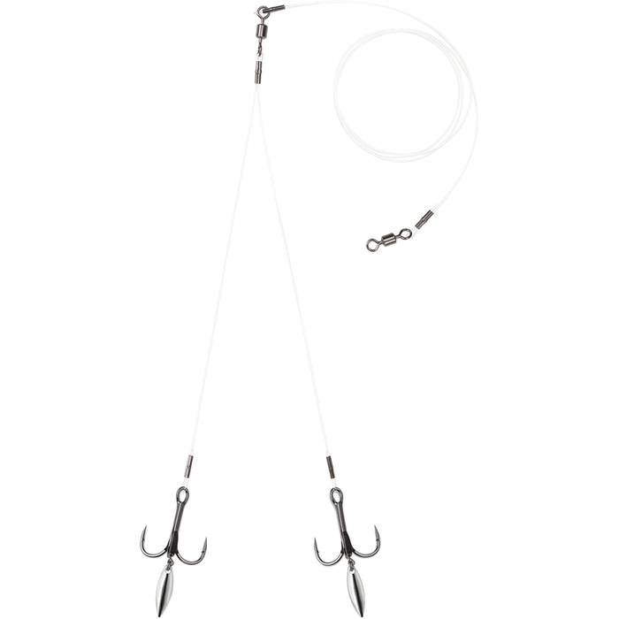 VMC Bladed Predator Rig - Fluorocarbon showing clear fluorocarbon leader lines with metal swivels, treble hooks, and small oval blades for fishing tackle targeting predatory fish.
