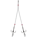 VMC Bladed Predator Rig - Wire featuring a black wire rig with two treble hooks, each attached to a polished silver blade and red beads, designed for fishing tackle use.