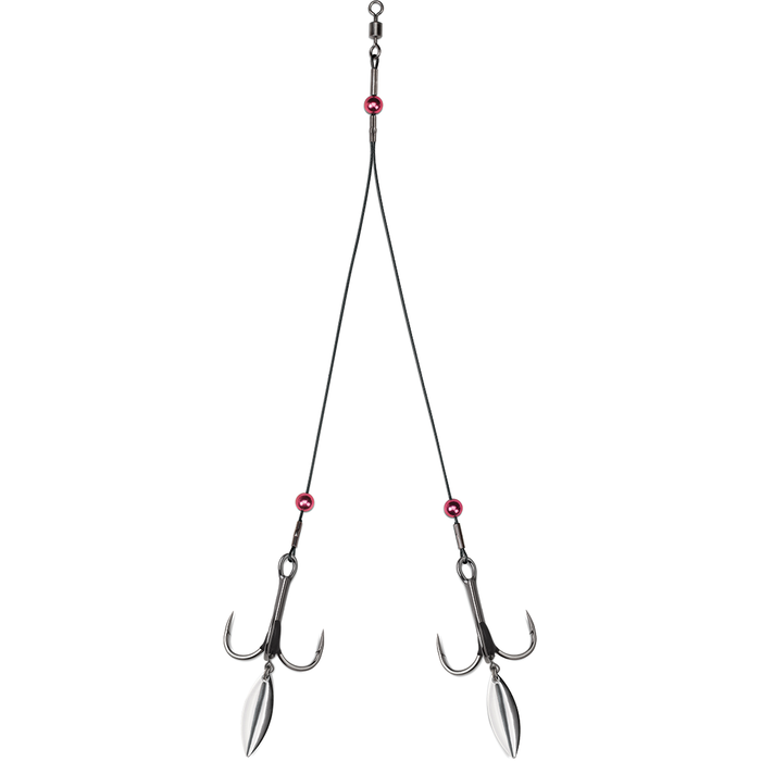 VMC Bladed Predator Rig - Wire featuring a black wire rig with two treble hooks, each attached to a polished silver blade and red beads, designed for fishing tackle use.