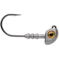 Close-up of a VMC GT Swimbait Jig featuring a sharp silver hook, a metallic lead head with a realistic yellow and black fish eye, designed for fishing tackle use.