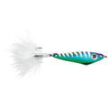 VMC Hatchet Spoon fishing lure featuring a blue and green metallic body with silver striped pattern and a white feathered tail, designed for effective fishing tackle.