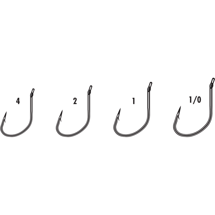 Four black VMC RedLine Series Drop Shot Hooks displayed in ascending size order, showing detailed barbed points and eyelets for fishing tackle use.