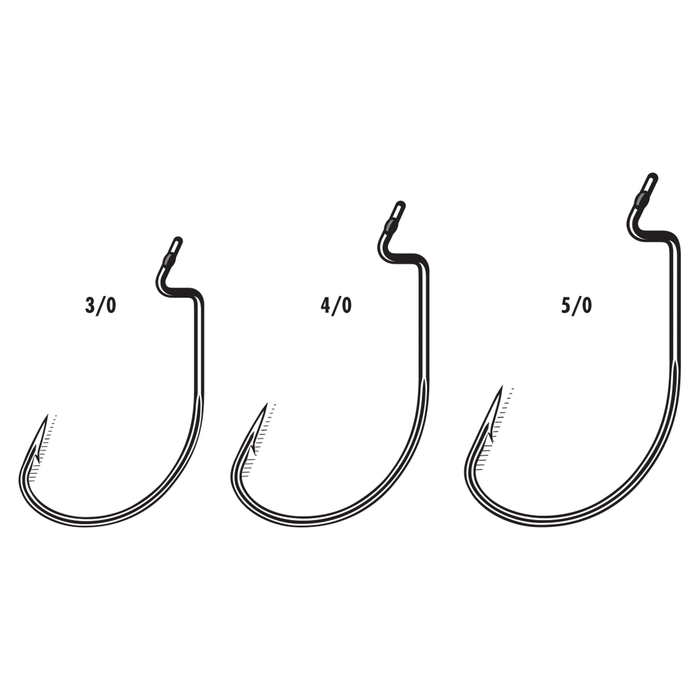 Line art illustration showing three VMC RedLine Series Heavy Duty Wide Gap Hooks in sizes 3/0, 4/0, and 5/0 designed for heavy-duty fishing tackle applications.