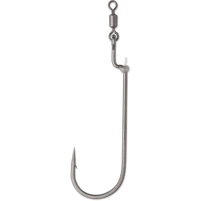 Single metal fishing hook with swivel attached, featuring a sharp curved point and a secure barb, designed for use with the VMC RedLine Series Swivel Fluke Hooks fishing tackle.