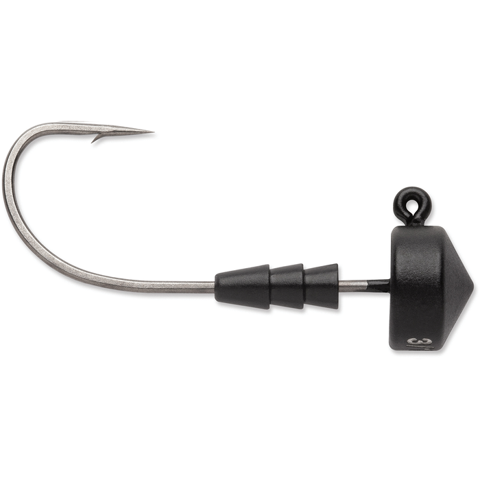 Close-up of a black VMC RedLine Series Tungsten Ned Head Jig featuring a sharp, curved fishing hook and a weighted, textured jig head designed for fishing tackle and lure applications.