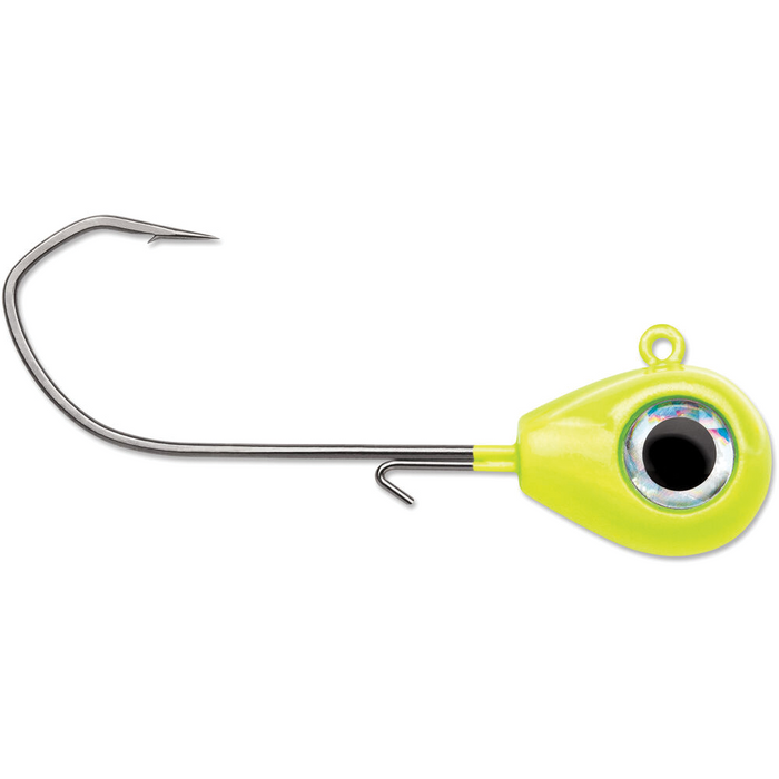 VMC Sleek Jig with a bright yellow head featuring a realistic eye design and a sharp silver hook, designed for effective fishing lure use in tackle setups.