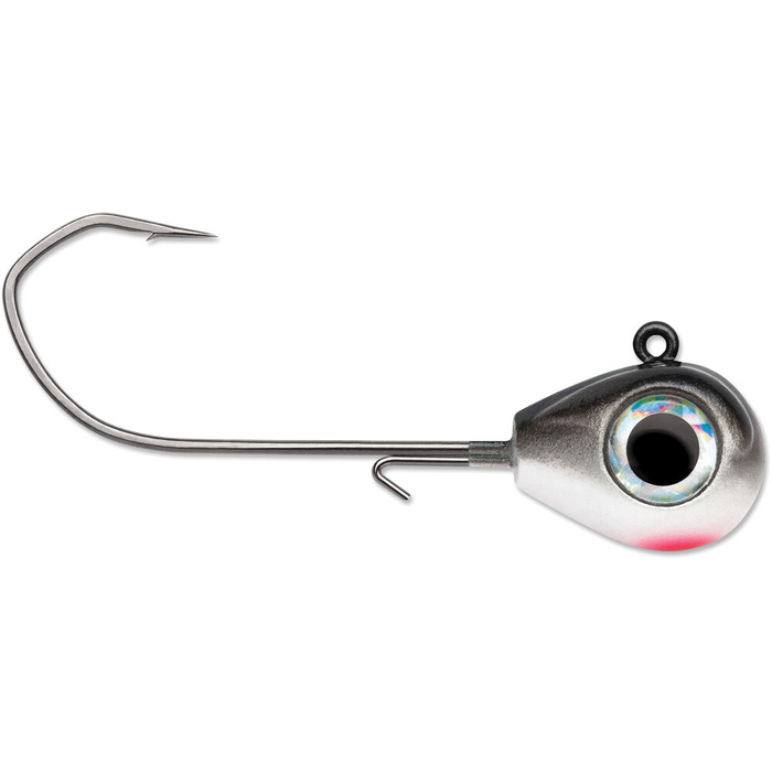 VMC Sleek Jig fishing lure featuring a metallic silver jig head with a realistic eye detail and a sharp, wide-gap hook designed for effective musky and ice fishing tackle.