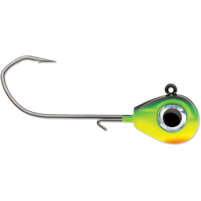 Close-up of a VMC Sleek Jig fishing lure with a painted yellow and green weighted head, a realistic eye, and a long metal fishing hook designed for freshwater fishing tackle.