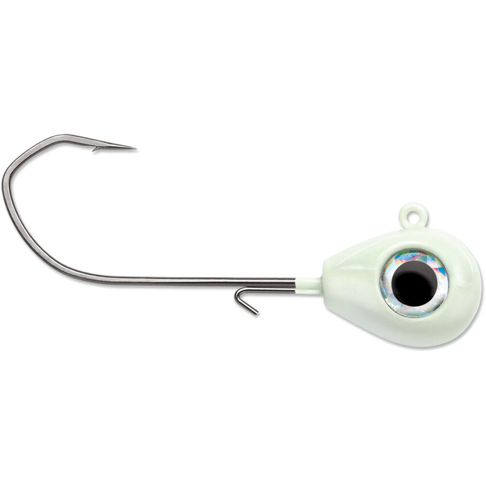 VMC Sleek Jig fishing lure with a sharp single hook and a realistic eye detail, designed for effective use in fishing tackle and catching musky or other game fish.
