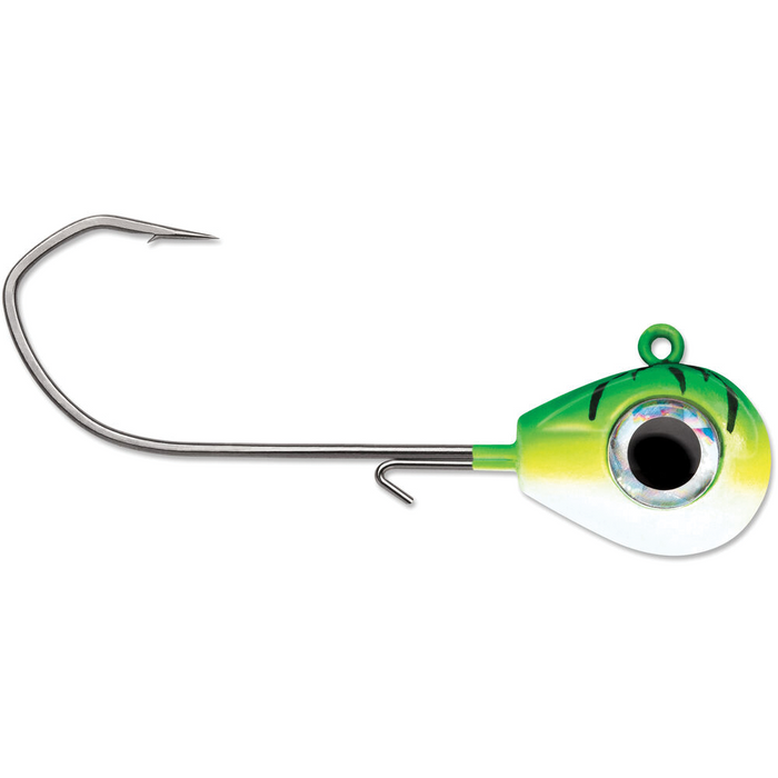 VMC Sleek Jig fishing lure with a green and yellow painted head featuring a large realistic eye and a sharp metal hook, designed for musky and ice fishing.