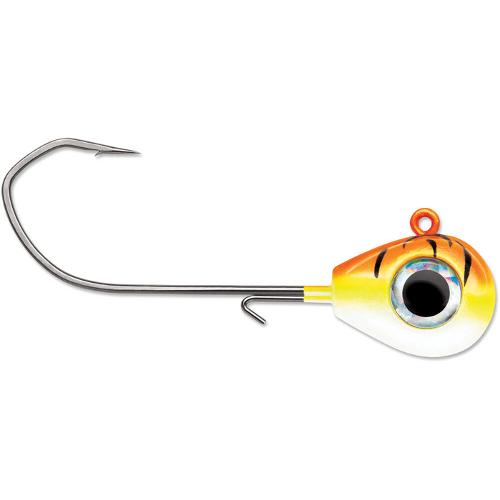 VMC Sleek Jig fishing lure with a sharp curved hook and a brightly colored yellow and orange head featuring a realistic eye detail, designed for effective fishing tackle use.